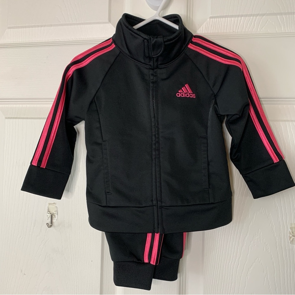 Adidas 12 month Black and Pink Stripe Track Suit Sweat Suit Two Piece